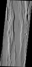The north-south trending fractures and graben (block down-dropped between two fractures) in this region are called Ceraunius Fossae and are likely related to Alba Mons to the north shown in this image from NASA's 2001 Mars Odyssey spacecraft.