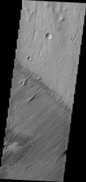 This image from NASA's 2001 Mars Odyssey spacecraft shows a clear boundary between material being eroded by the wind (bottom of image) and a surface scoured clean (top of frame) northwest of Apollinaris Mons.