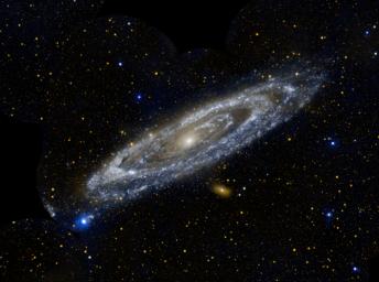 Hot stars burn brightly in this new image from NASA's Galaxy Evolution Explorer, showing the ultraviolet side of a familiar face. Approximately 2.5 million light-years away, the Andromeda galaxy, or M31, is our Milky Way's largest galactic neighbor.