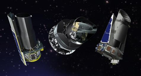 From left to right, artist's concepts of the Spitzer, Planck and Kepler space telescopes. NASA extended Spitzer and Kepler for two additional years; and the U.S. portion of Planck, a European Space Agency mission, for one year.