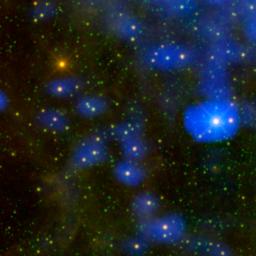 It's a dust bunny of cosmic proportions. Astronomers used images from NASA's WISE to locate an aging star shedding loads of dust (orange dot at upper left).