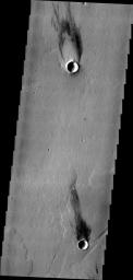 The two windstreaks in this image from NASA's 2001 Mars Odyssey spacecraft are located on volcanic flows southeast of Jovis Tholus.
