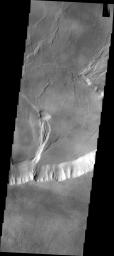 This image captured by NASA's 2001 Mars Odyssey spacecraft shows part of the caldera system on the summit of Olympus Mons.