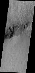 This image from NASA's 2001 Mars Odyssey spacecraft shows lava flows that cover the steep embankment called Olympus Rupes on the margin of Olympus Mons.