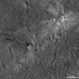 This image from NASA's Dawn spacecraft of asteroid Vesta shows two craters, one that has been named Canuleia and one that has been named Sossia.