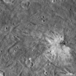 This image from NASA's Dawn spacecraft of asteroid Vesta Fabia shows Justina crater, located in Vesta's Urbinia quadrangle, in Vesta's southern hemisphere.