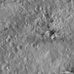 This image from NASA's Dawn spacecraft of asteroid Vesta shows Rubria crater, with dark and bright material, offset from the center of the image. Rubria crater is located in Vesta's Gegania quadrangle, just south of Vesta's equator.