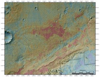 The area where NASA's Curiosity rover will land on Aug. 5 PDT (Aug. 6 EDT) has a geological diversity that scientists are eager to investigate, as seen in this false-color map based on data from NASA's Mars Odyssey orbiter.