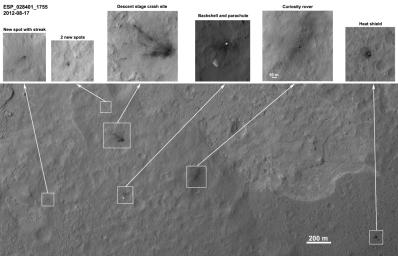 Details such as the shadow of the mast on NASA's Mars rover Curiosity appear in an image taken Aug. 17, 2012, by the HiRISE camera on NASA's Mars Reconnaissance Orbiter, from more directly overhead than previous HiRISE images of Curiosity.