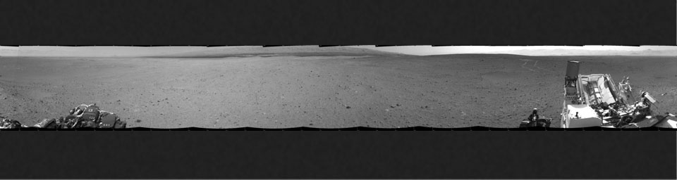 NASA's Mars rover Curiosity drove about 70 feet (about 21 meters) on the mission's 21st Martian day, or sol (Aug. 30, 2012) and then took images with its Navigation Camera that are combined into this scene, which inclues the fresh tracks.
