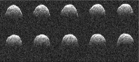 This radar image of asteroid 1999 RQ36 was obtained NASA's Deep Space Network antenna in Goldstone, Calif. on Sept 23, 1999. NASA detects, tracks and characterizes asteroids and comets passing close to Earth using both ground- and space-based telescopes.