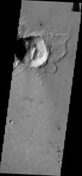 NASA's 2001 Mars Odyssey spacecraft shows Mars' surface likely had fractures or preexisting tectonic features that diverted some of the impact stresses along those features.