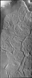 The dissected appearing surface in this image captured by NASA's Mars Odyssey spacecraft is called Hyperboreus Labyrinthus, located just south of Mars' north polar cap. The linear depressions are most likely caused by tectonic stress.