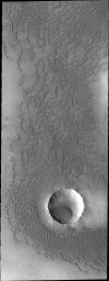 This image from NASA's 2001 Mars Odyssey captures an unnamed crater with the interior sand sheet and the dunes outside of it are part of Abalos Undae, a dune field near Mars' north polar cap. Small gullies are located on the interior.
