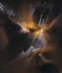 In the center of this image from the Hubble Space Telescope, partially obscured by a dark cloud of dust, a newborn star shoots twin jets out into space as a sort of birth announcement to the universe.