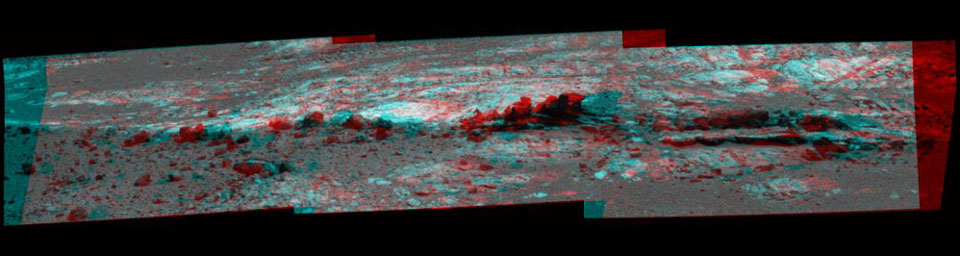 Rock fins up to about 1 foot (30 centimeters) tall dominate this stereo scene from the panoramic camera (Pancam) on NASA's Mars Exploration Rover Opportunity taken during the 3,058th Martian day (Aug. 23, 2012).