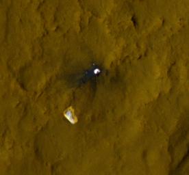 This color view of the parachute and back shell that helped deliver NASA's Curiosity rover to the surface of the Red Planet was taken by the High-HiRISE camera on NASA's Mars Reconnaissance Orbiter.
