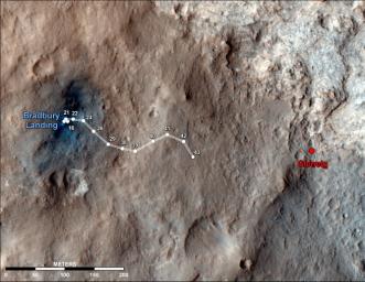This map shows the route driven by NASA's Mars rover Curiosity through the 43rd Martian day, or sol, of the rover's mission on Mars (Sept. 19, 2012). The route starts where the rover touched down, a site subsequently named Bradbury Landing.