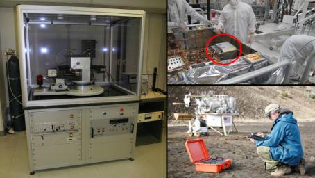 A conventional X-ray diffraction instrument (left) is the size of a large refrigerator, in contrast to the compact size of the Chemistry and Mineralogy (CheMin) instrument on NASA's Curiosity rover (top right).