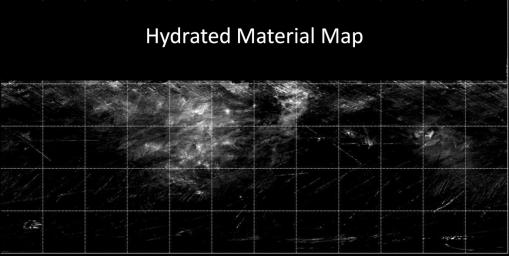 This map from NASA's Dawn mission indicates the presence of hydrated minerals on the giant asteroid Vesta about 30 degrees north latitude, in August 2011. At the time, it was winter in Vesta's northern hemisphere.