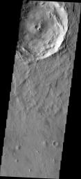 Dark slope streaks mark the rim of this unnamed crater as seen by NASA's 2001 Mars Odyssey spacecraft.