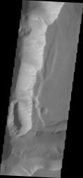 Dark slope streaks marking the walls in this image of Noctis Labyrinthus captured by NASA's 2001 Mars Odyssey spacecraft.