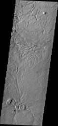 This image from NASA's 2001 Mars Odyssey spacecraft of Daedalia Planum shows the termination or end of a single flow. In this case it is the end of the brighter/rougher flow on the right side of the image.
