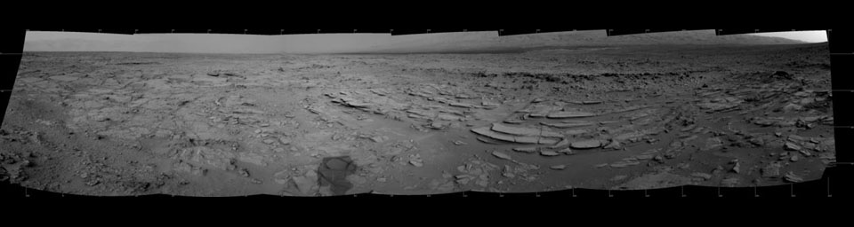 The NASA Mars rover Curiosity used its Navigation Camera (Navcam) during the mission's 120th Martian day, or sol (Dec. 7, 2012), to record the seven images combined into this panoramic view.