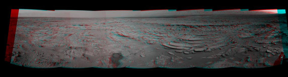 This stereo panoramic view combines 14 images taken by NASA's Mars rover Curiosity during the mission's 120th Martian day, or sol (Dec. 7, 2012). You need 3D glasses.