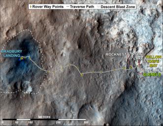 This map shows where NASA's Mars rover Curiosity has driven since landing at a site subsequently named 'Bradbury Landing,' and traveling to an overlook position near beside 'Point Lake,' in drives totaling 1,703 feet (519 meters).