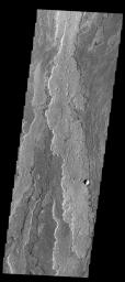 Layer upon layer of volcanic flows make up Daedalia Planum as shown in this image from NASA's 2001 Mars Odyssey spacecraft.