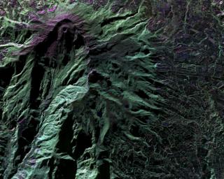 This false-color image of Colombia's Galeras Volcano, was acquired by UAVSAR on March 13, 2013. A highly active volcano, Galeras features a breached caldera and an active cone that produces numerous small to moderate explosive eruptions.