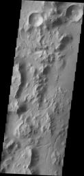 This image from NASA's Mars Odyssey spacecraft shows the western rim of Gale Crater. Several channels dissect the rim of the crater.