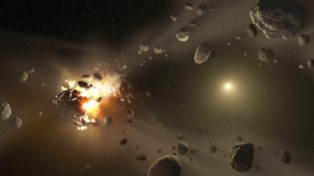 This artist's concept catastrophic collisions between asteroids located in the belt between Mars and Jupiter and how they have formed families of objects on similar orbits around the sun.