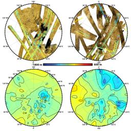 These polar maps show the first global, topographic mapping of Saturn's moon Titan, using data from NASA's Cassini mission. To create these maps, scientists employed a mathematical process called splining.