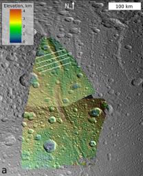 This image, which is composed of data obtained by NASA's Cassini spacecraft, shows the topography of a mountain known as Janiculum Dorsa on the Saturnian moon Dione.