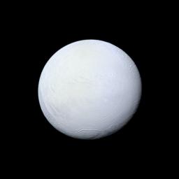Saturn's moon Enceladus, covered in snow and ice, resembles a perfectly packed snowball in this image from NASA's Cassini spacecraft.