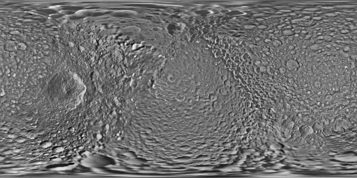 This global map of Saturn's moon Mimas was created using images taken during NASA's Cassini spacecraft flybys. The moon's large, distinguishing crater, Herschel, is seen on the map at left.