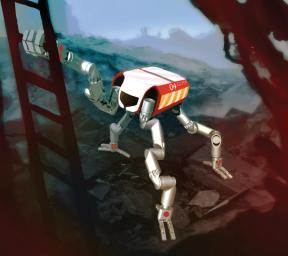 This artist's concept depicts RoboSimian, a disaster-relief and -mitigation robot, grasping the rung of a ladder. RoboSimian is an ape-like robot designed and built at NASA's Jet Propulsion Laboratory, Pasadena, Calif.