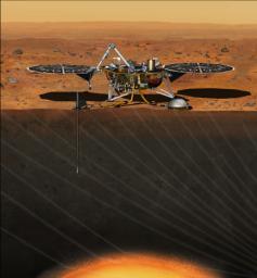This artist's concept depicts the stationary NASA Mars lander known by the acronym InSight at work studying the interior of Mars. InSight is scheduled to launch in March 2016.