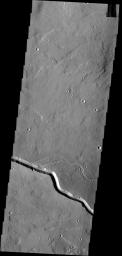 The channel shown here is part of a large system of depressions located on the eastern side of the Elysium Mons volcanic complex. The depression in this image from NASA's 2001 Mars Odyssey spacecraft is located just south of Albor Tholus.