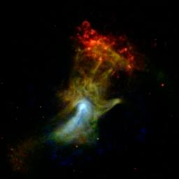 Nicknamed the 'Hand of God,' this object is called a pulsar wind nebula, imaged by NASA's NuSTAR. It's powered by the leftover, dense core of a star that blew up in a supernova explosion.