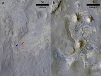 These two images come from the HiRISE camera on NASA's Mars Reconnaissance Orbiter. Images of locations in Gale Crater taken from orbit around Mars reveal evidence of erosion in recent geological times and development of small scarps, or vertical surfaces