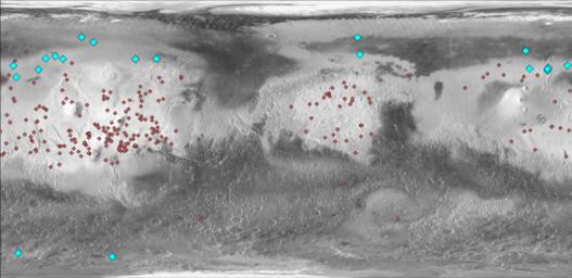 This map of Mars indicates locations of new craters that have excavated ice (blue) and those that have not (red). Albedo information comes from NASA's Mars Odyssey orbiter, and the map comes from NASA's Mars Global Surveyor orbiter.