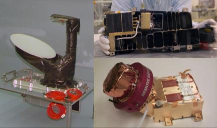 Three of NASA's contributions to the ESA's Rosetta mission are pictured here: an ultraviolet spectrometer called Alice (top), the Ion and Electron Sensor (IES) (bottom left), and the Microwave Instrument for Rosetta Orbiter (MIRO) (bottom right).