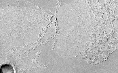 This image covers part of the Athabasca Valles flood lava plain, the youngest large lava flow on the surface of Mars as observed by NASA's Mars Reconnaissance Orbiter.