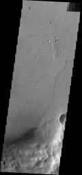 The small, dark sand dunes at the bottom of this image captured by NASA's 2001 Mars Odyssey spacecraft are located on the floor of Escalante Crater.