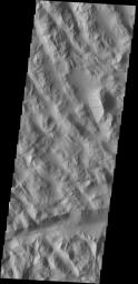 Dark slope streaks mark the hill sides in Lycus Sulci as seen by NASA's 2001 Mars Odyssey spacecraft.