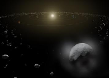 Dwarf planet Ceres is located in the main asteroid belt, between the orbits of Mars and Jupiter, as illustrated in this artist's conception.