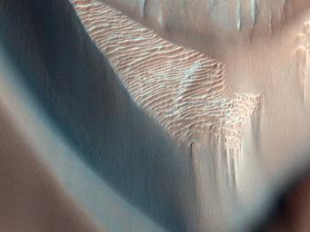 In this image from NASA's Mars Reconnaissance Orbiter, lower wall rock spurs are found that spread dark materials onto a dune field, suggesting local wall materials are a nearby sediment source for dunes.